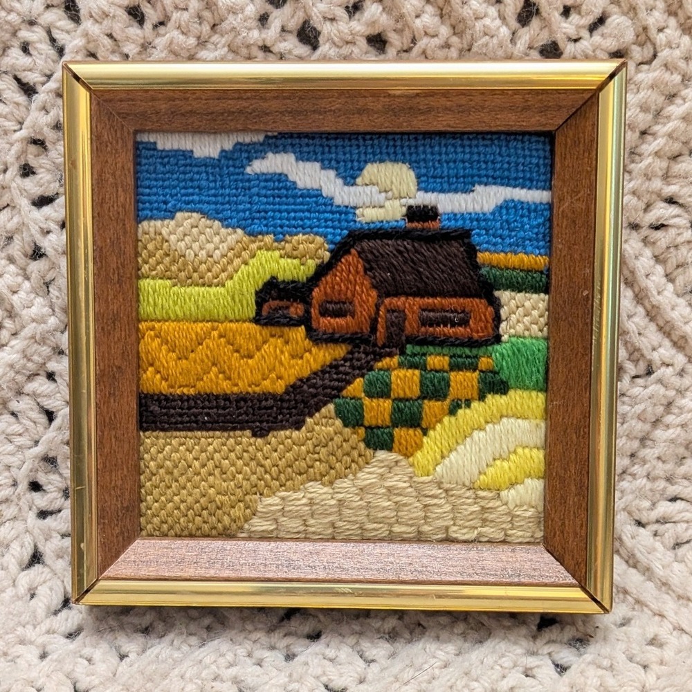 Vintage Framed Crewel Needlepoint Wall Art Rustic Cottage Landscape Small Square
